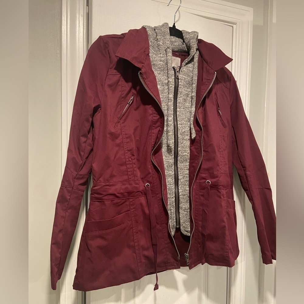 2Sable Size S Burgundy Full Zip Utility Jacket Drawstring Waist Gray Hood Anorak - Picture 5 of 13